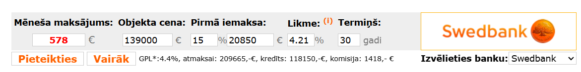 Пример ипотечного расчёта Swedbank для квартиры за 139000 евро